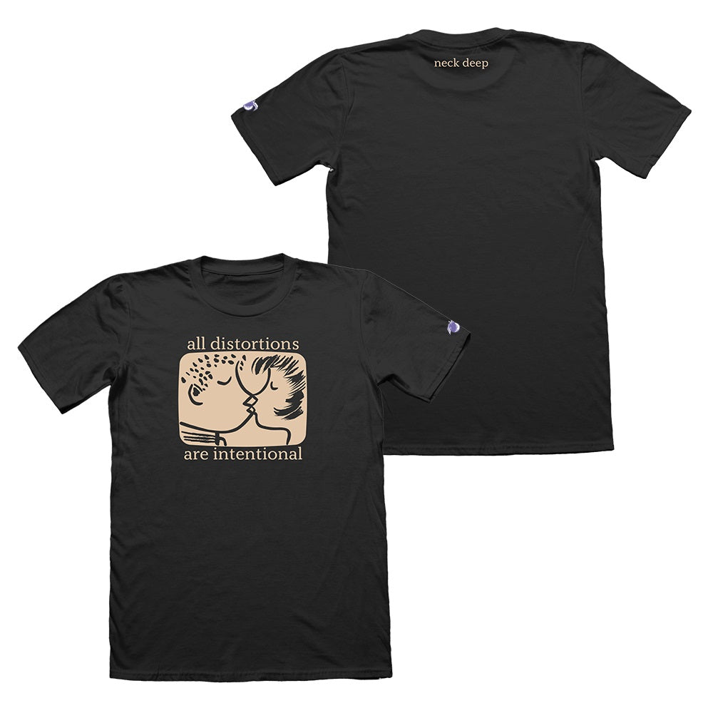 A black Neck Deep Hammer T-shirt features a front Kissing Couple design with two abstract faces touching noses and the text all distortions are intentional. Small neck deep text appears on the back neckline.