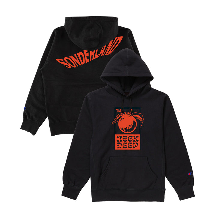 Neck Deep Sonderland hoodie crafted from 100% cotton with bold orange graphics. Features a stylized globe and NECK DEEP on the front, and large curved SONDERLAND lettering across the back shoulders.