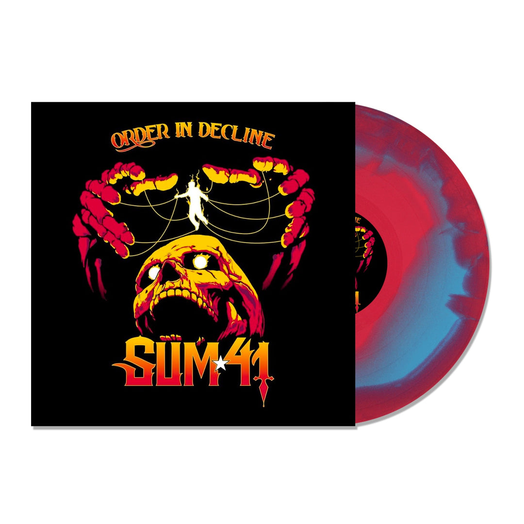 The Sum 41 Order in Decline album cover features red hands controlling strings tied to a skeletal head and body, inspired by Out For Blood, with part of a red and blue marbled vinyl visible next to the artwork.