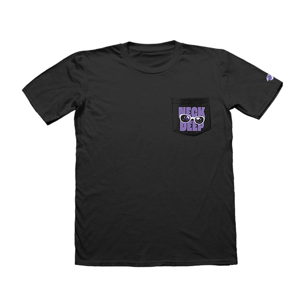 Black Gildan Hammer Pocket t-shirt by Neck Deep with a front pocket design featuring purple and white NECK DEEP text, cartoon eyes, Purple Tangerine embroidery on the sleeve, and a small logo on the left sleeve.