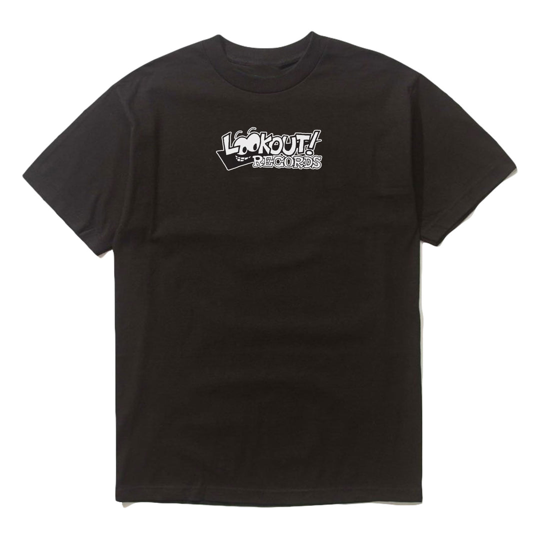 A black short-sleeve T-shirt from Lookout! Records, with the bold white Lookout! Records logo centered on the chest.