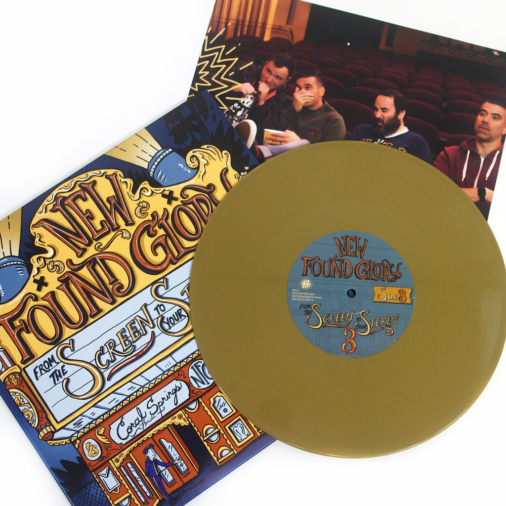 A gold vinyl record by New Found Glory titled Screen to Your Stereo 3 rests on illustrated album art, with an open booklet revealing four men in a theater and the albums complete tracklist inside.