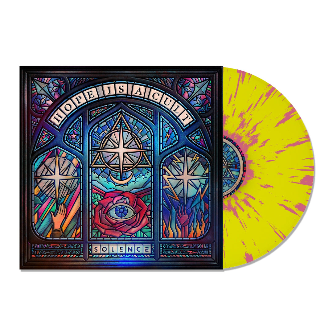 A limited edition Solence vinyl with a yellow and purple splatter design is shown partly in its sleeve, featuring stained glass art, religious symbols, a red rose, tracklist details, and the phrases HOPE IS A CULT and SILENCE.