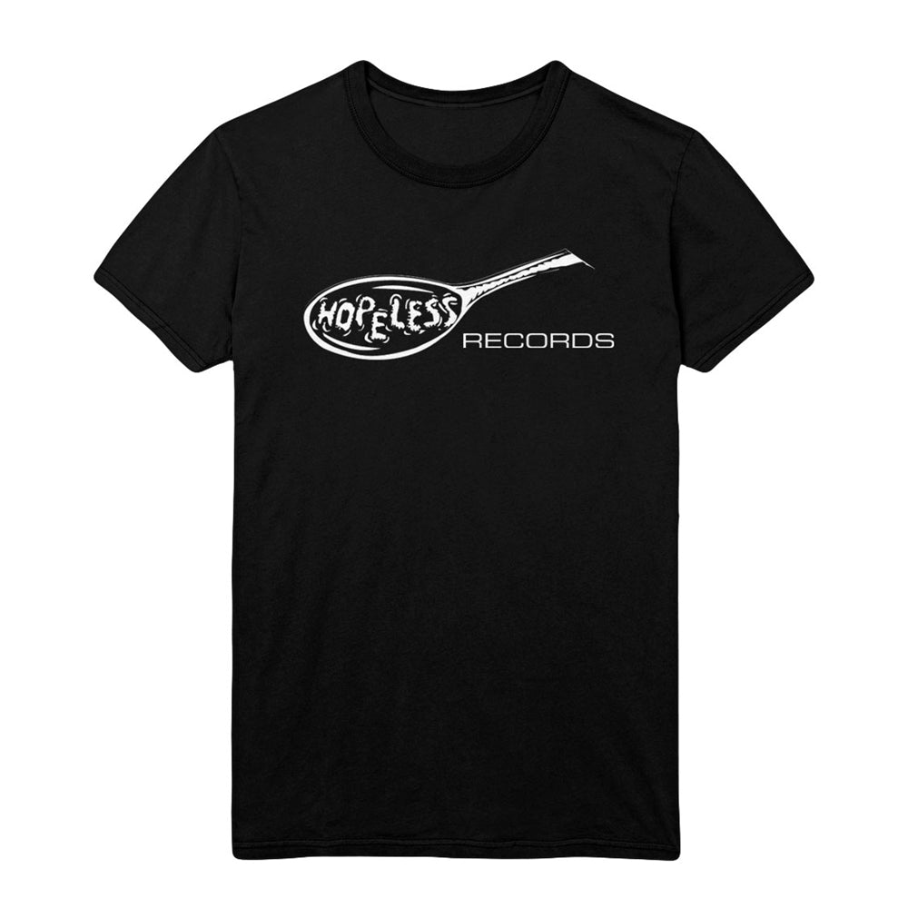 Black t-shirt by Hopeless Records featuring a bold white spoon graphic with Hopeless inside and Records printed to the right.