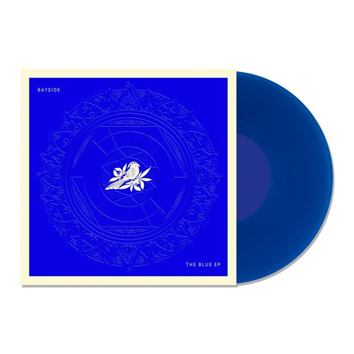 Vinyl album cover for Bayside "The Blue EP" on a white background. Cover is Blue with a Mandala. White bird on a flower centered. White Text in the corners "Bayside" &amp; "The Blue EP". Vinyl is Transparent Blue.
