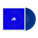 Vinyl album cover for Bayside "The Blue EP" on a white background. Cover is Blue with a Mandala. White bird on a flower centered. White Text in the corners "Bayside" & "The Blue EP". Vinyl is Transparent Blue.