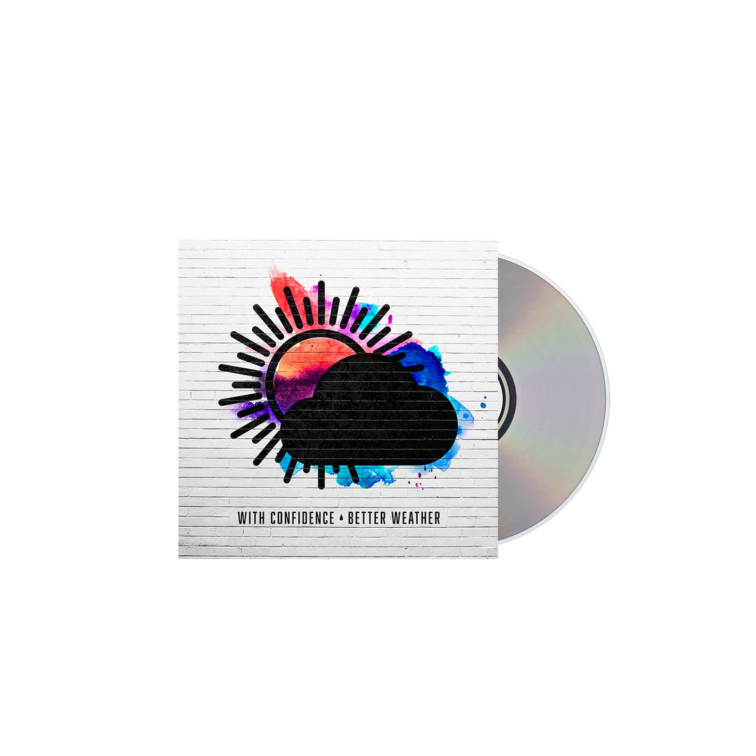 A CD case by With Confidence features colorful sun and cloud art on a white, lined background. With Confidence • Better Weather is printed below, with the CD partially visible emerging from the right side of the case.