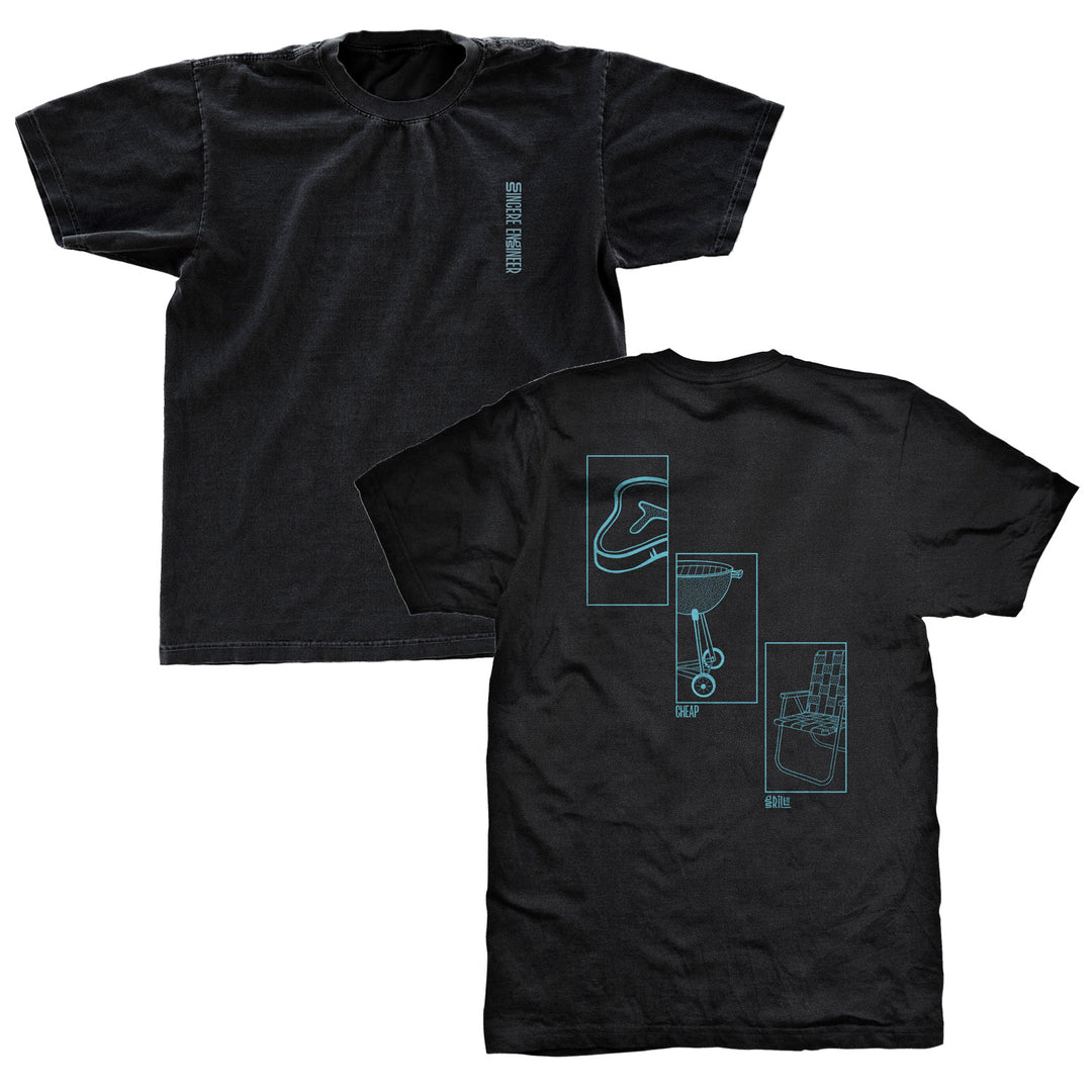 Black Comfort Colors t-shirt by Sincere Engineer with Sonic Youth printed vertically on the front left. Back displays outlined blue graphics—a meat piece, shopping cart, and armchair—labeled MEAT, SHOP, and SIT.