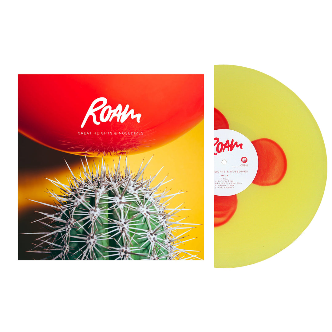 Square album cover for ROAM’s Great Heights & Nosedives shows a close-up cactus under a red object, next to the translucent Yellow W/ Red Balloons vinyl with a red and white center label. Tracklisting not shown.