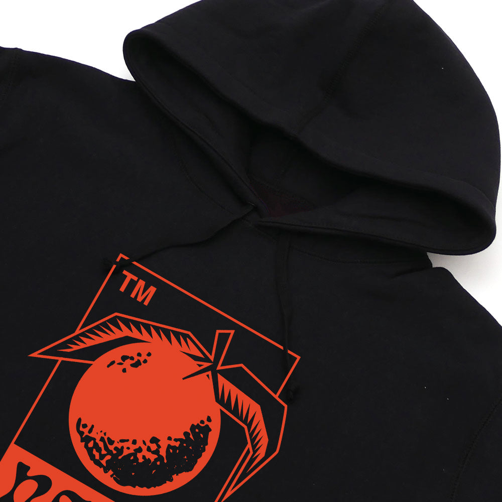 A Neck Deep hoodie made from 100% cotton, featuring a large, stylized orange fruit graphic with two leaves and a red TM symbol printed on the front.
