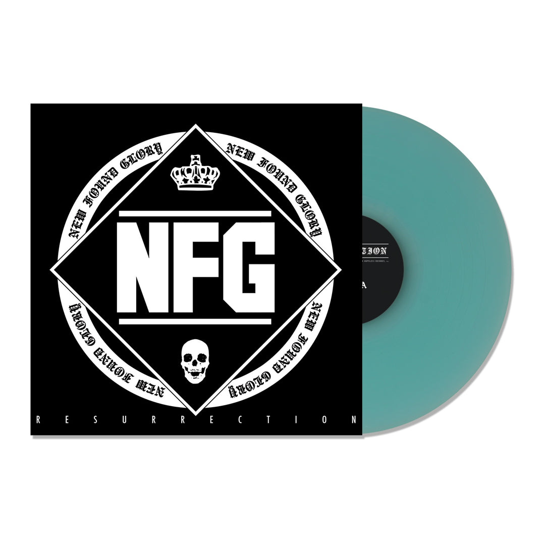 A teal vinyl slides from a black cover featuring a white diamond, crown, skull, and large NFG initials. This Limited Edition Resurrection album by New Found Glory is a rare collectible for fans.
