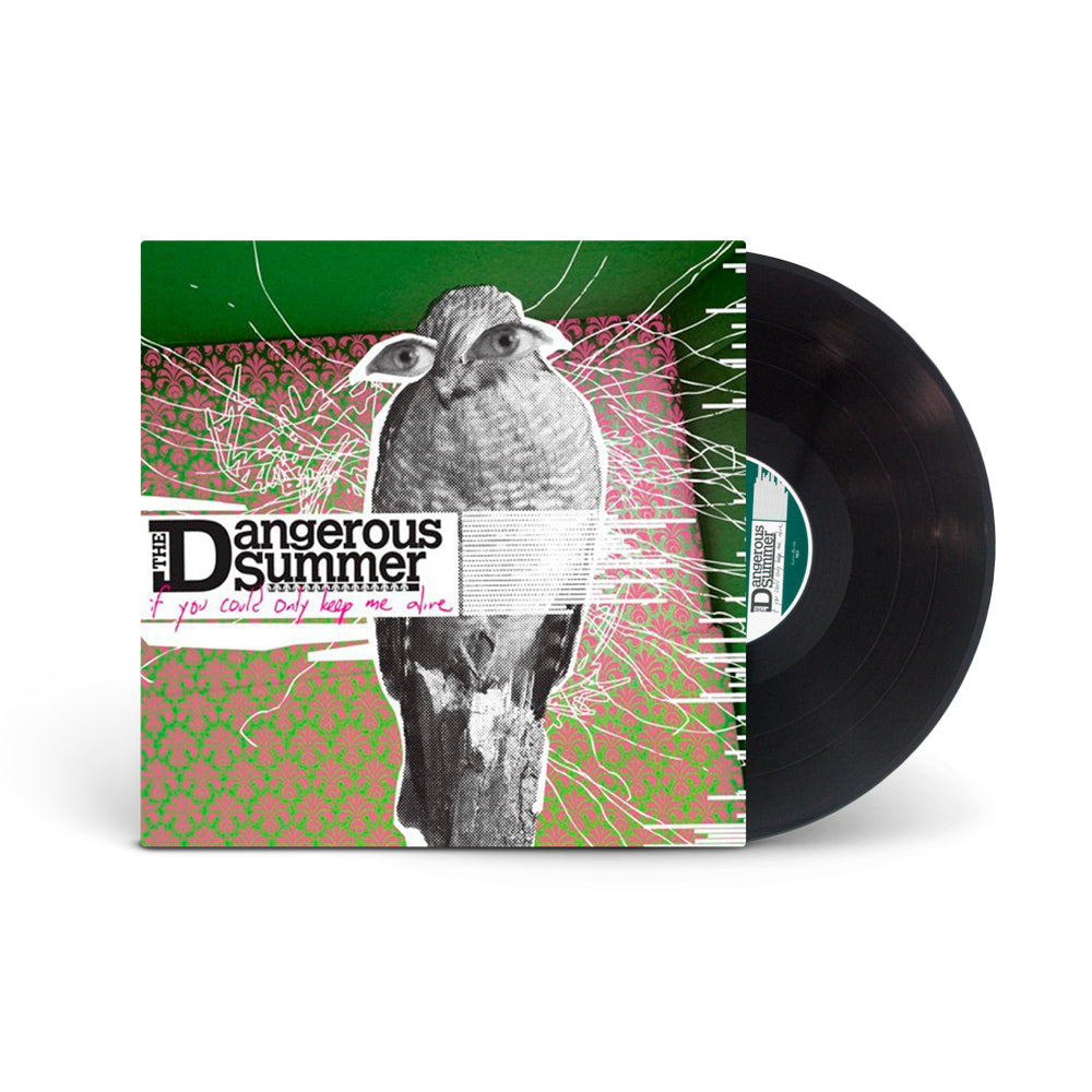 A Black Vinyl record partly out of its sleeve, featuring bird artwork on a green and pink patterned background. The sleeve reads The Dangerous Summer – If You Could Only Keep Me Alive with tracklisting details. Brand: The Dangerous Summer.