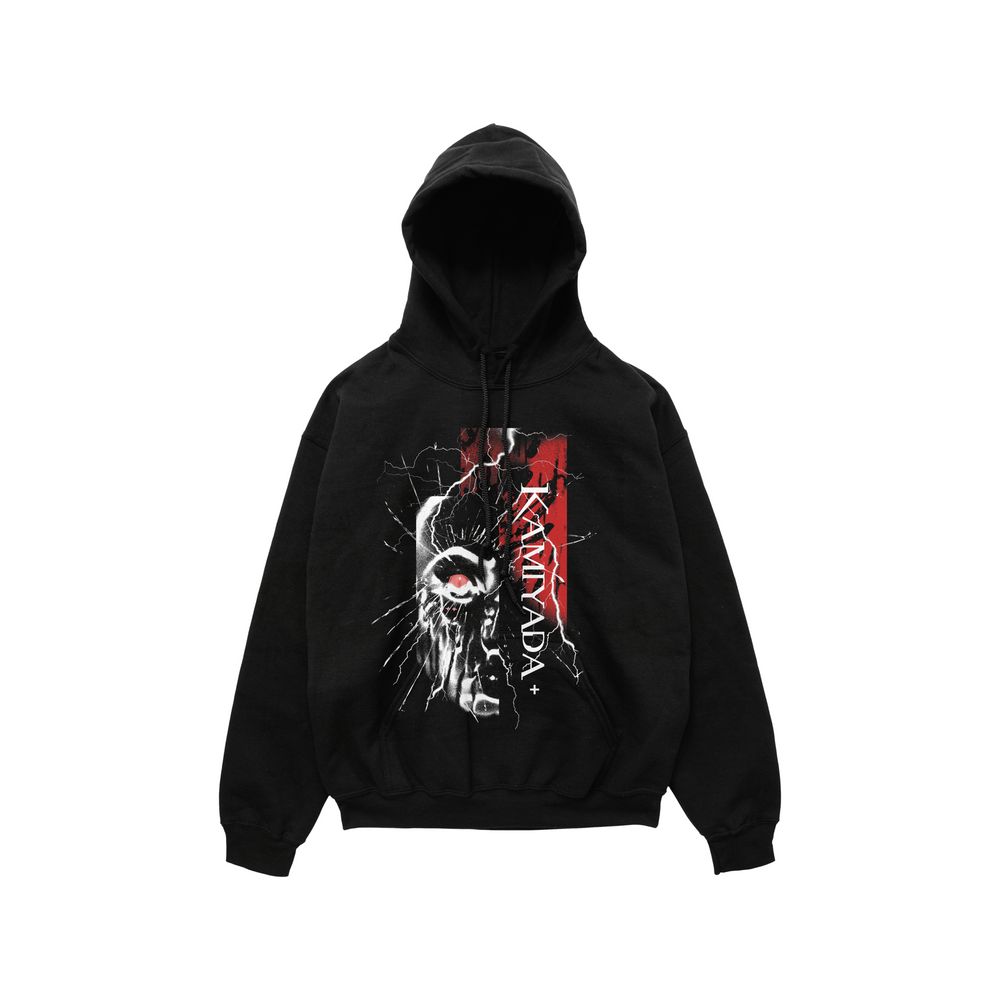 Black pullover on a white background. Front of the pullover has a robot face with a red eye with text Kamiyada+.