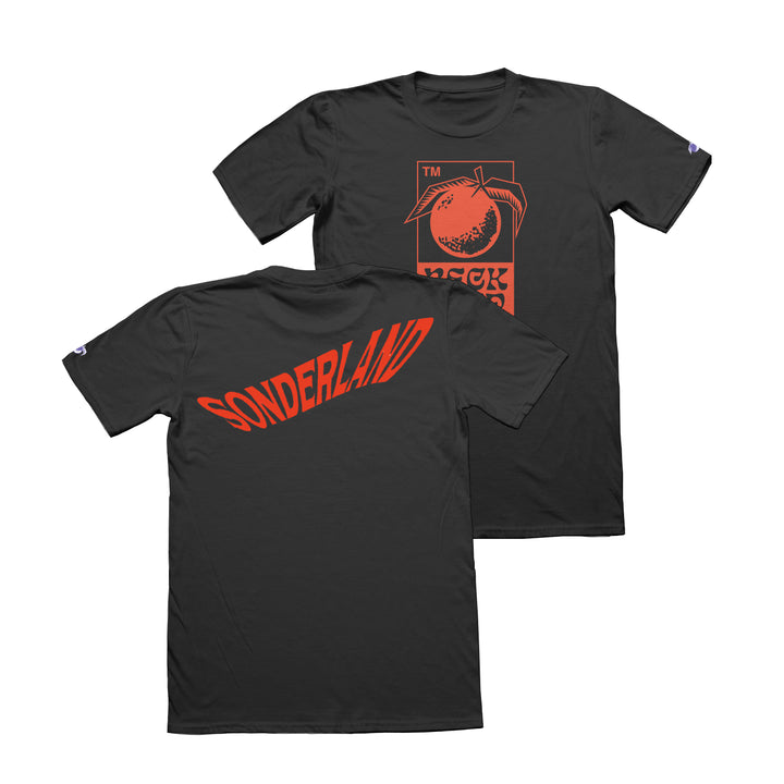 Two black Neck Deep t-shirts are shown, made from 100% cotton Gildan Hammer. The front has a red baseball graphic with HECK YEAH, and the back features NECK DEEP in bold red across the shoulders.