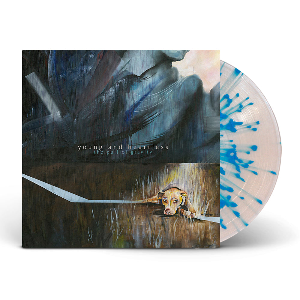 Album cover for Young And Heartless’s The Pull of Gravity features abstract art: a dog over grass, a blue-toned figure above, capturing Desk Rot’s haunting vibe. Translucent vinyl includes bold blue splatter patterns. Brand: Young And Heartless.