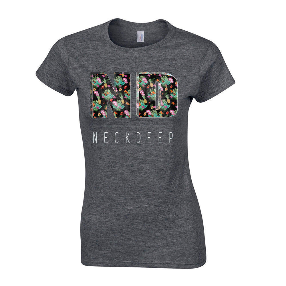 A dark heather gray fitted t-shirt from Neck Deep featuring large floral-patterned ND letters and smaller white Neck Deep text below on the front.