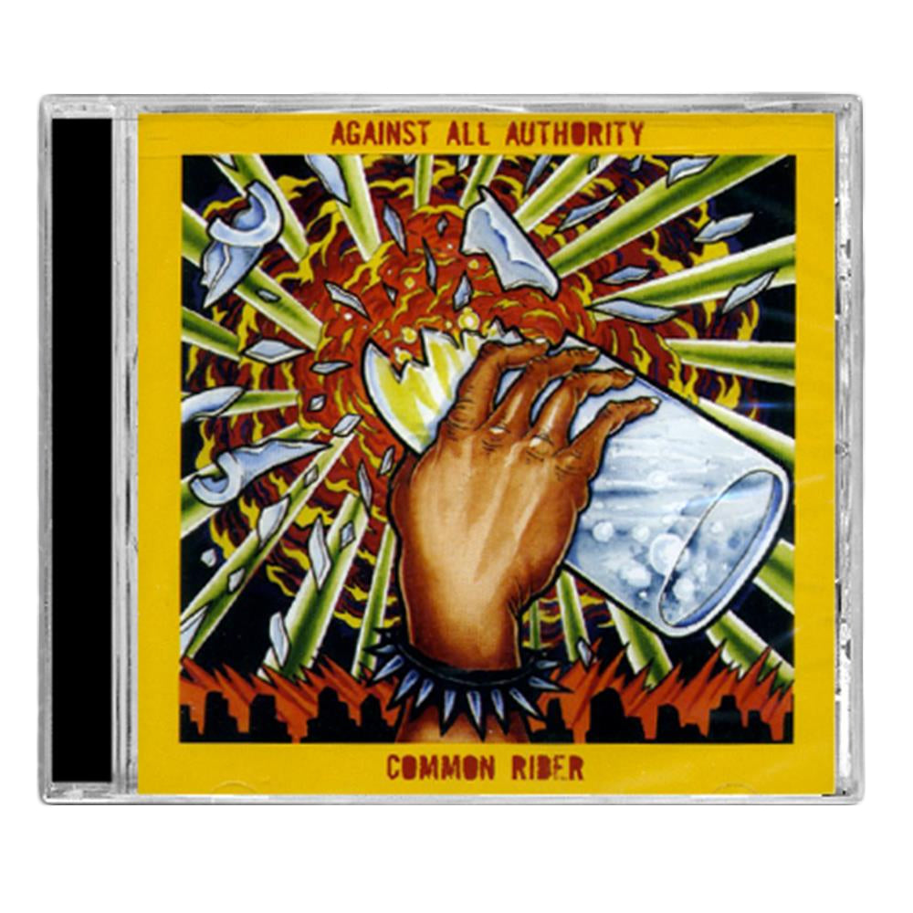 CD cover for the Common Rider split album, showing a spiked wristband hand breaking glass with rays and shards, all inside a yellow border with the band’s name and tracklisting.
