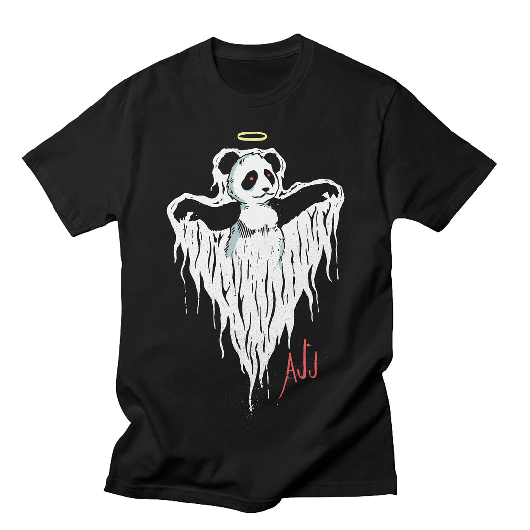 This exclusive AJJ design is printed on a 100% cotton tee, showing a ghostly panda with a halo and tattered white sheets. Red AJJ initials accent the bottom right.