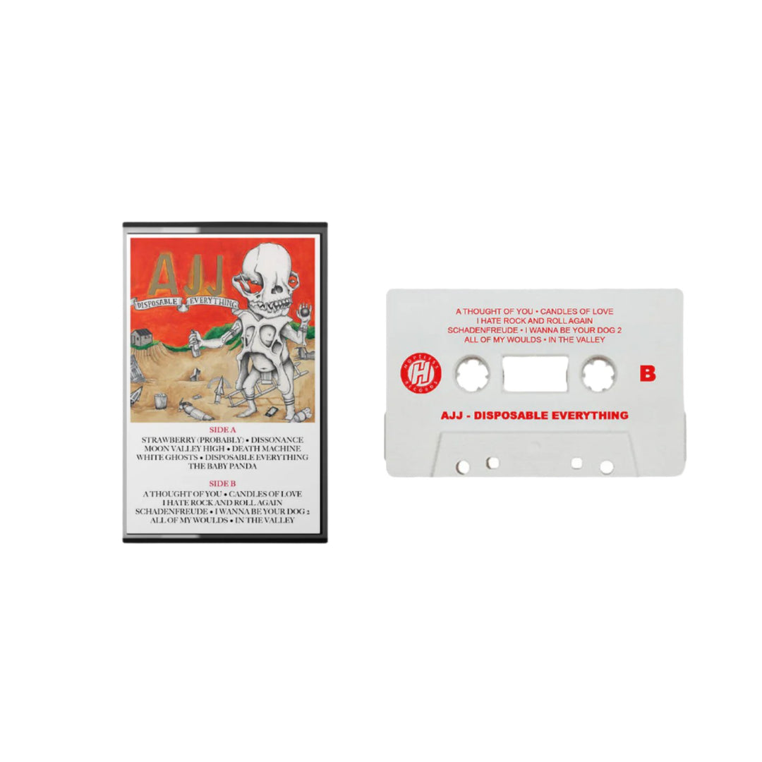 AJJ cassette tape and case for the Disposable Everything album, featuring colorful skeleton artwork on the case and a white tape with red and black song titles.