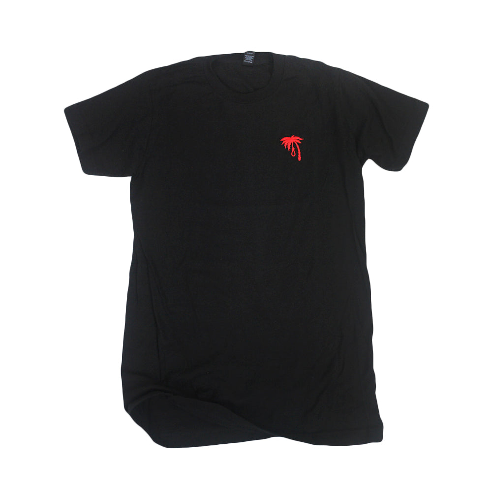 A black short-sleeve Trophy Eyes t-shirt with a small red palm tree embroidered on the left chest, displayed flat on a white background.