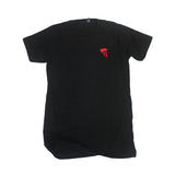 A black short-sleeve Trophy Eyes t-shirt with a small red palm tree embroidered on the left chest, displayed flat on a white background.