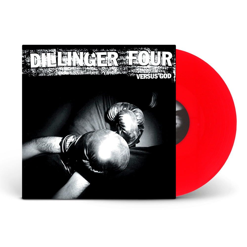 The image displays a red vinyl record from Dillinger Four, partially out of its sleeve. The cover shows two boxers in black-and-white and bold, distressed lettering, reflecting the bands energetic style.