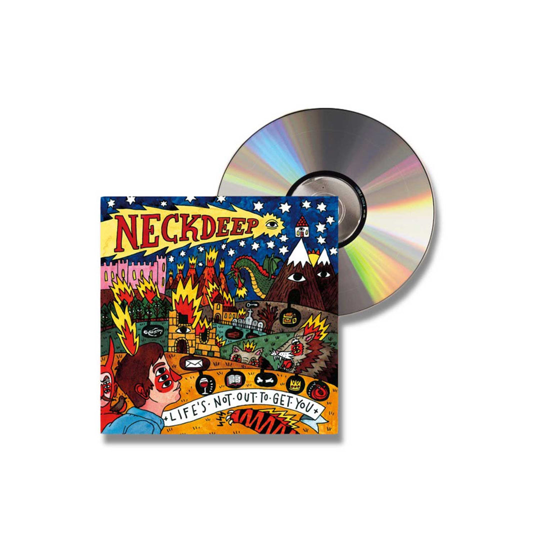 Neck Deep’s Life’s Not Out To Get You CD features a vibrant illustrated cover with cartoon chaos, fire, mountains, buildings, bold album title, and includes the full track listing.