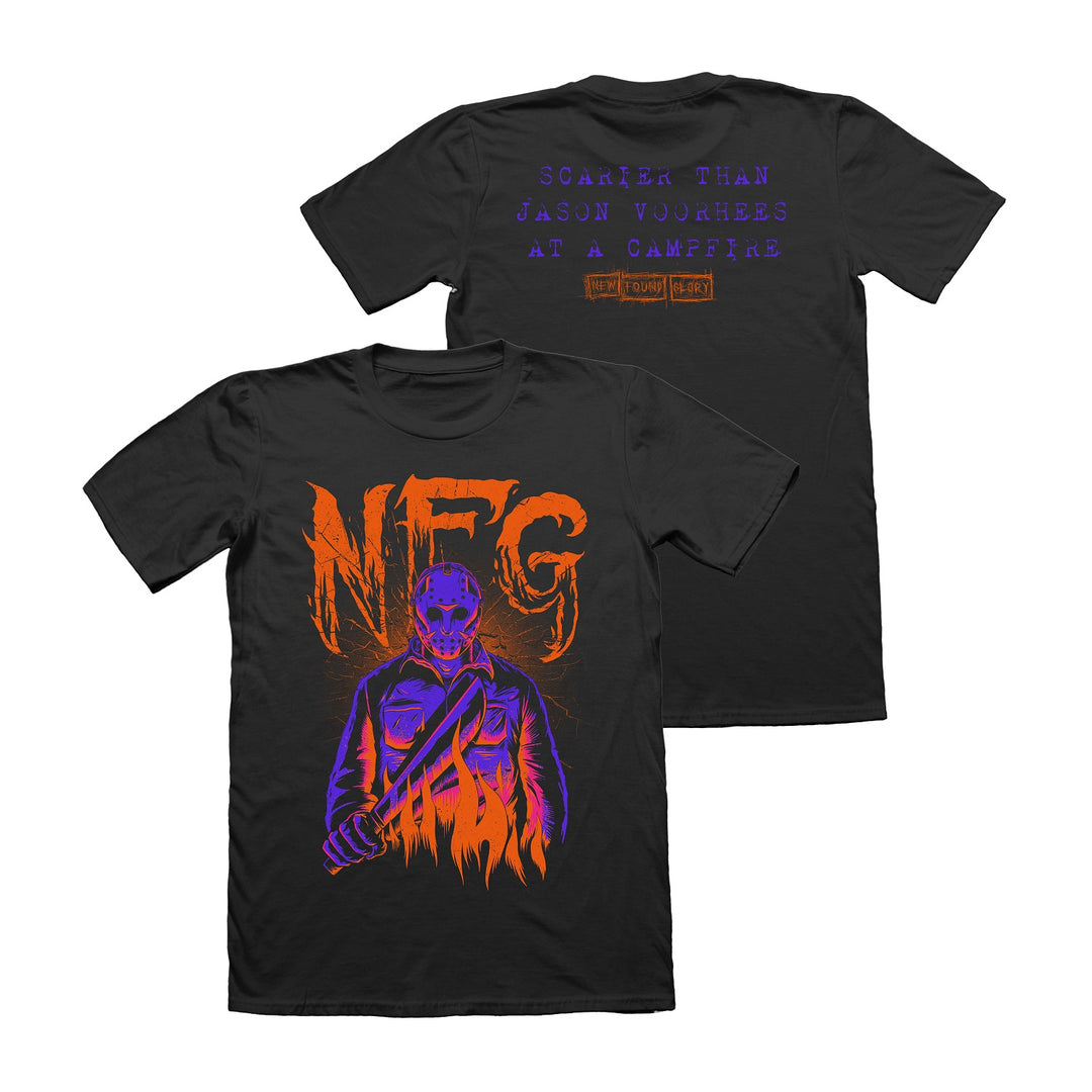 Black Tultex campfire shirt by New Found Glory featuring a masked figure with a machete and bold orange "NFG" on the front. Striking purple text on the back reads, "Scarier than Jason Voorhees at a campfire.