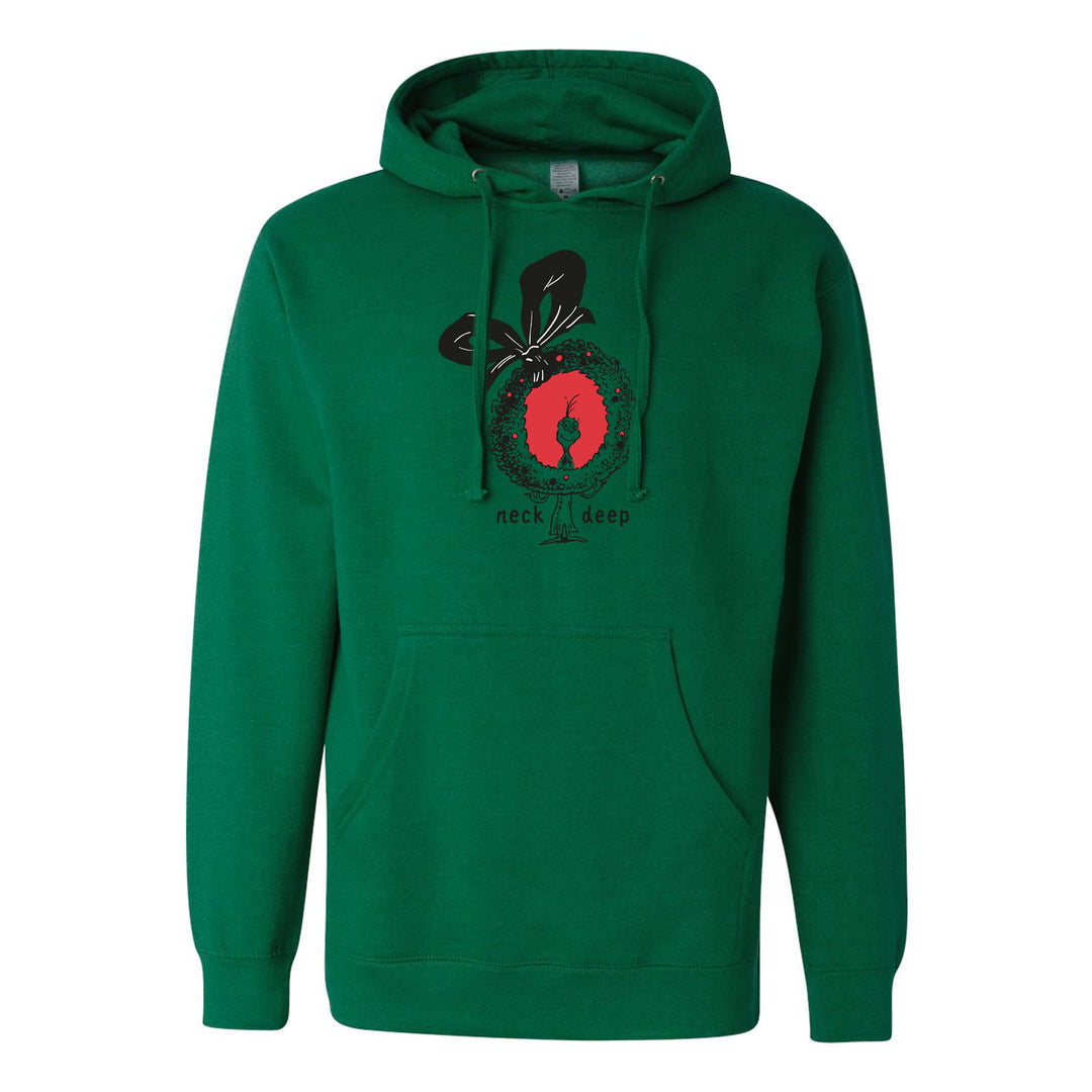 The Neck Deep Holiday Green Hoodie features a black and red chest graphic with Neck Deep text, plus a front pocket and drawstrings for comfort and style.