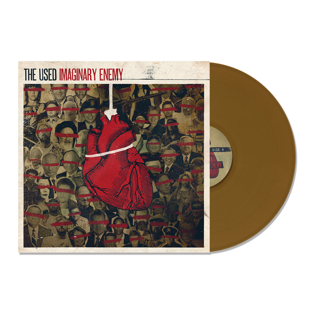 A brown vinyl record by The Used with a cover showing a red anatomical heart over a black-and-white collage of people with red bars on their eyes. Limited Edition text at the top reads THE USED IMAGINARY ENEMY.