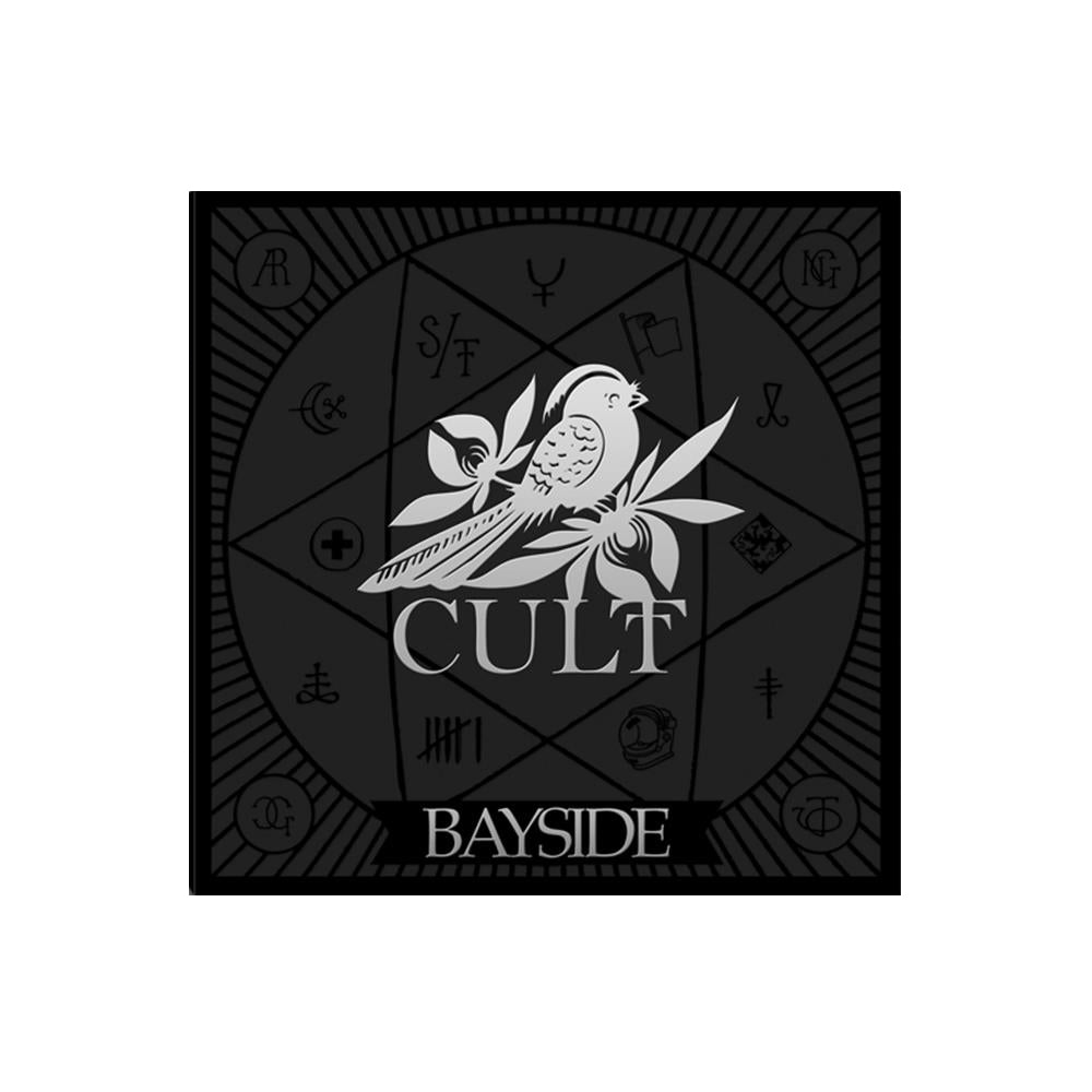 A grayscale album cover by Bayside features a bird on a branch, “CULT” below it, and “BAYSIDE” at the bottom. Mysterious circular symbols in the background subtly reference the Transitive Property in its design.