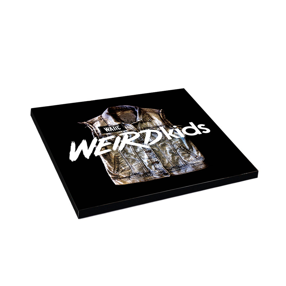 An album cover for We Are The In Crowd featuring a sleeveless denim jacket, the word WAIT above, and WEIRDKids in bold white letters on black, celebrating their iconic Weird Kids CD tracklisting style.