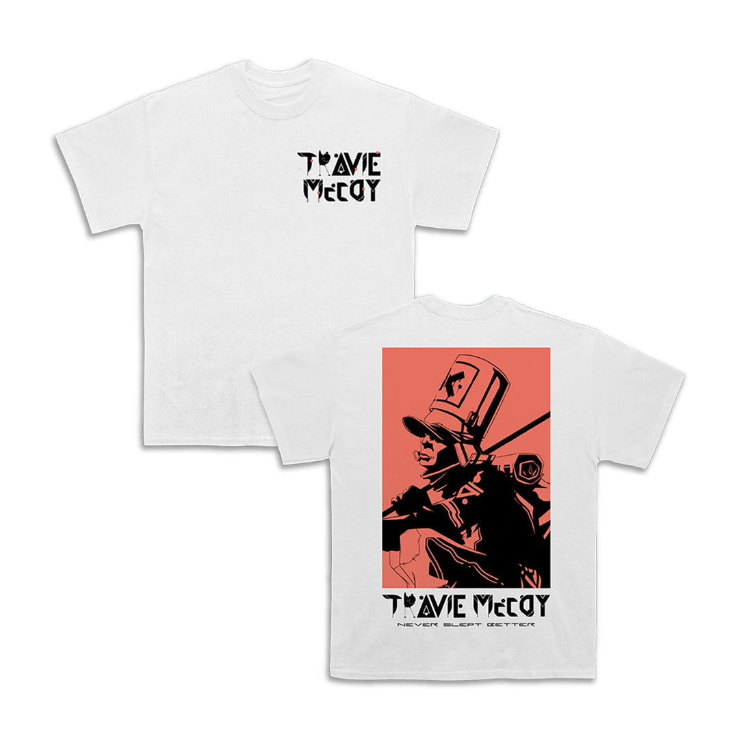 White Travie McCoy T-shirt featuring stylized front text. The back displays exclusive Never Slept Better album art: a bold figure in a hat holding a flower, with Travie McCoy branding below.