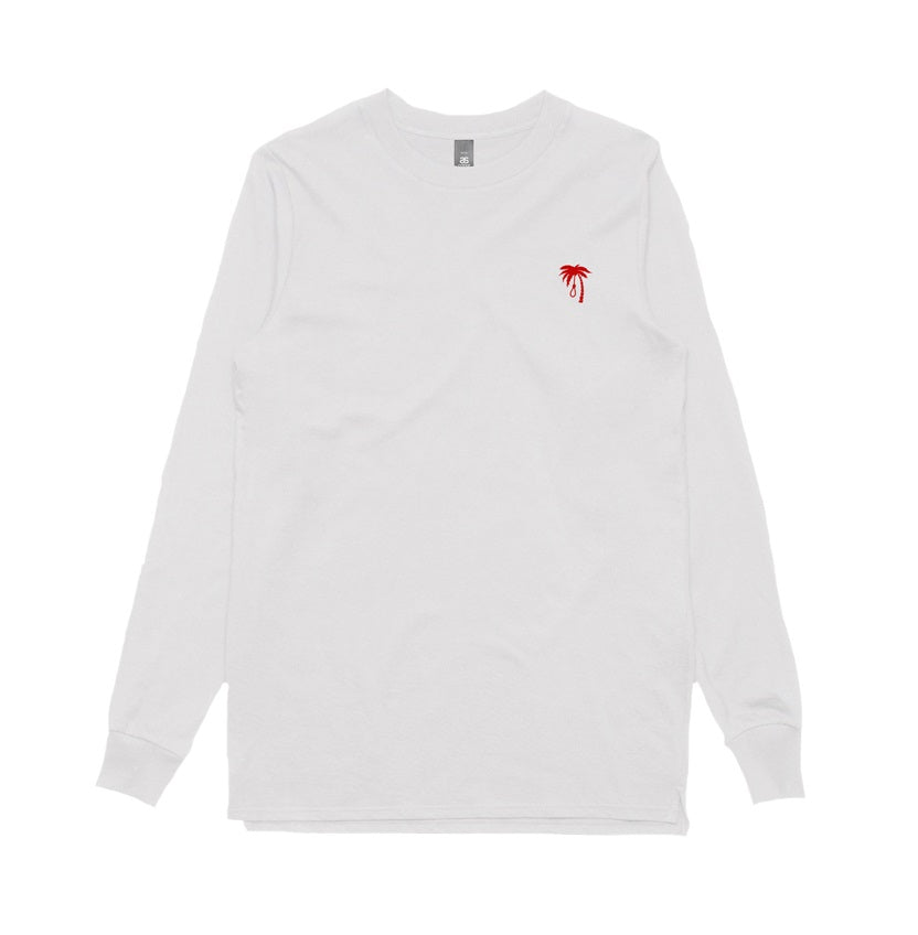A plain white long-sleeve Trophy Eyes t-shirt featuring a small red embroidered palm tree graphic on the left chest.