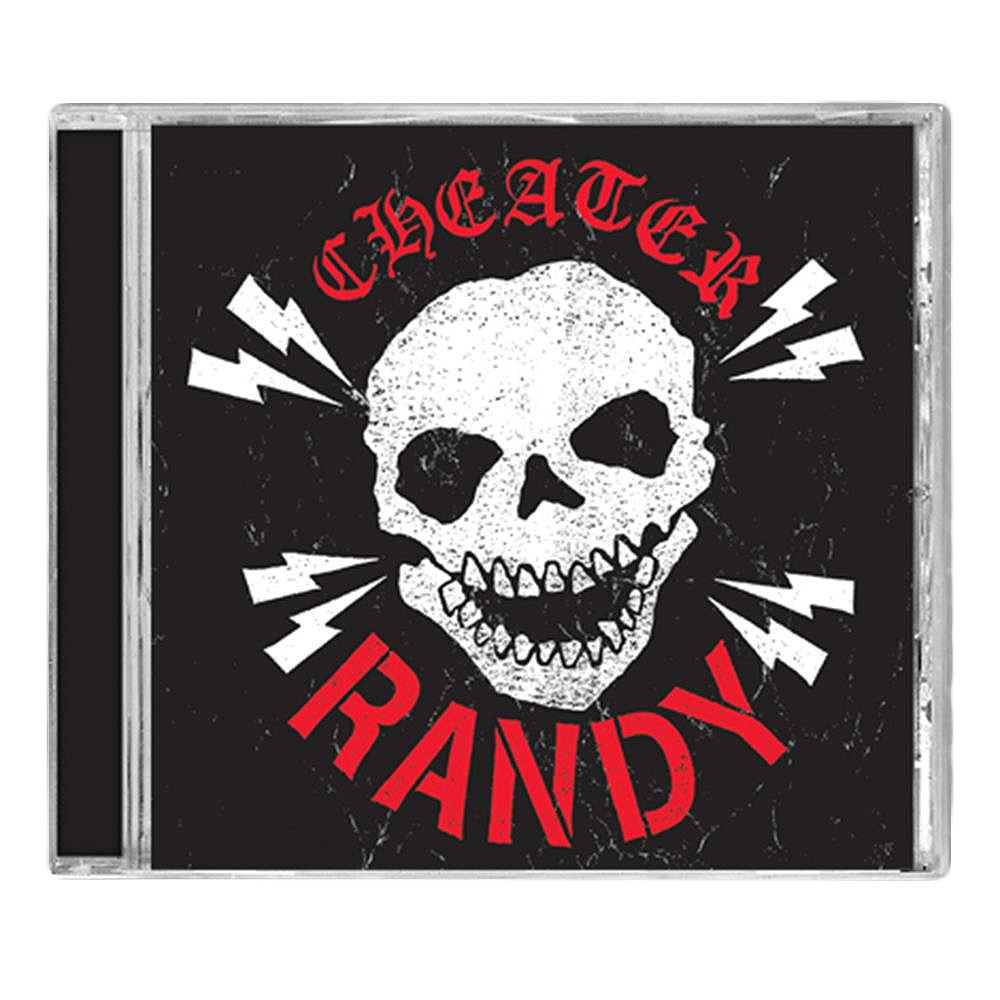A CD cover for Randy features a white skull with a toothy grin and four lightning bolts, "CHEATER" in red above, "RANDY" in bold red below, and "Addicts Of Communication" subtly blended into the black background.
