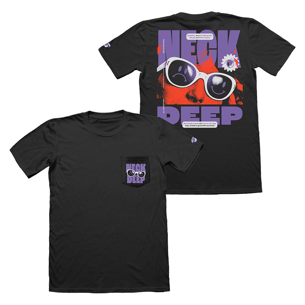 Black Neck Deep Hammer Pocket t-shirt featuring bold purple “NECK DEEP” text, a vibrant sunglasses and daisy graphic on orange, plus Purple Tangerine embroidered sleeve detail for added flair.