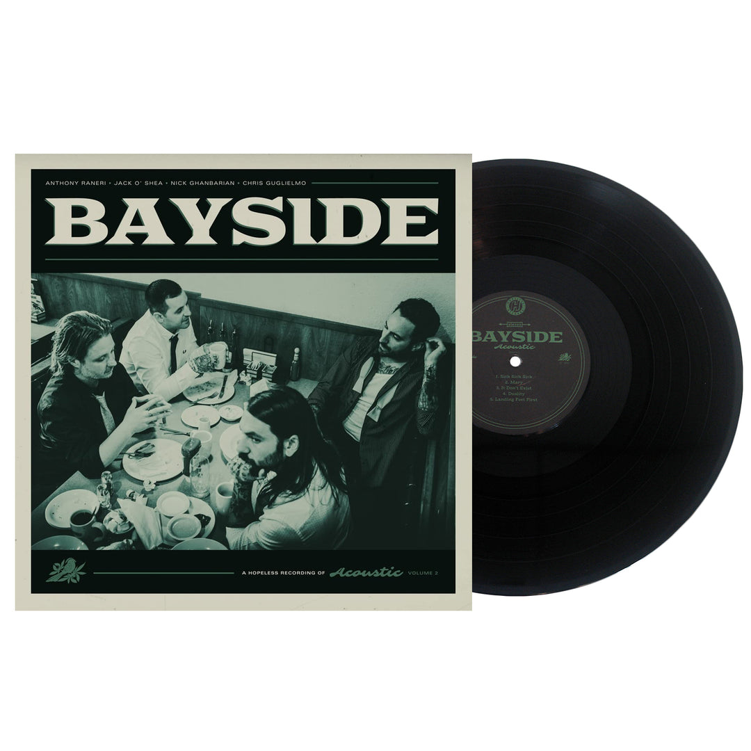 Vinyl Album cover for Bayside "Acoustic Volume 2" on a white background. Shows band eating at a diner with BAYSIDE in white text at the top. Black vinyl