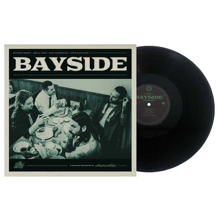 Vinyl Album cover for Bayside "Acoustic Volume 2" on a white background. Shows band eating at a diner with BAYSIDE in white text at the top. Black vinyl