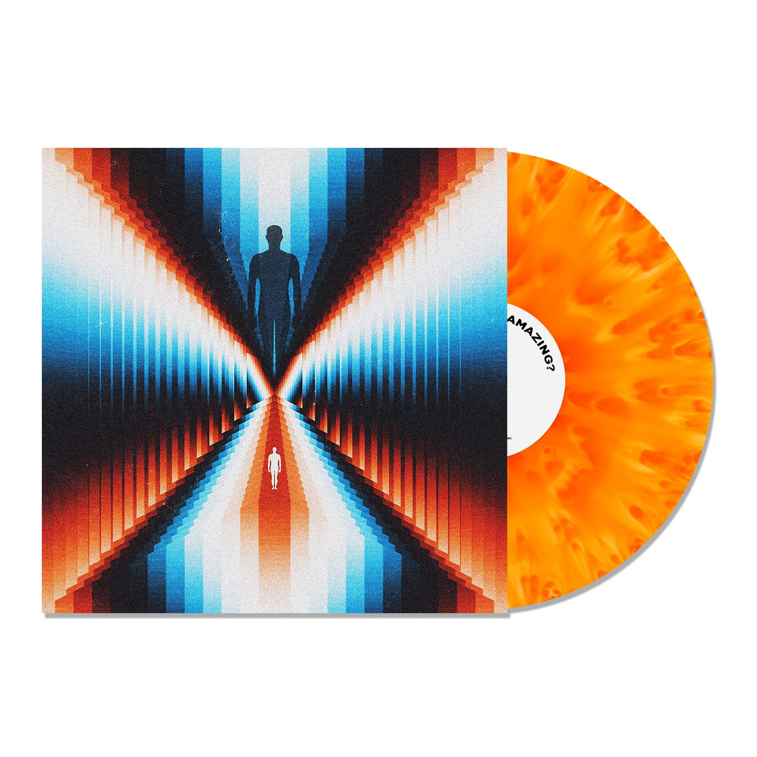 Trash Boats Dont You Feel Amazing? album cover depicts a silhouette at a tunnel’s end in blue, orange, and red, with a small white figure below. Beside the cover is a partially visible cloudy orange vinyl record.