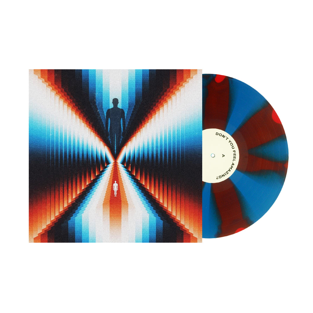 A Limited Edition Trash Boat vinyl in a Cornetto Variant with blue, red, and black swirls partially slides from a sleeve featuring abstract geometric patterns and a silhouette of a person at the center of a tunnel-like design.