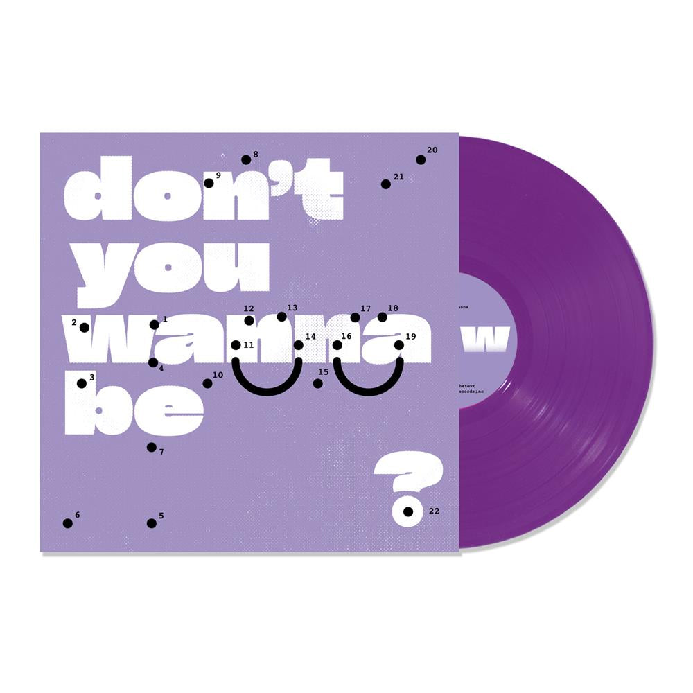 A purple vinyl record from Super Whatevr is partially pulled from a square sleeve against a lavender backdrop. The sleeve says “don’t you wanna be better?” in big white letters with black numbered dots scattered around.