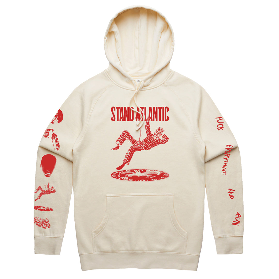 Bone pullover on a white background. Red print has Stand Atlantic in red print above an image of a devil in a red & white suit hovering above a pit of fire. Right sleeve has various imagery from the album cover and left sleeve has text Fuck Everything And Run.