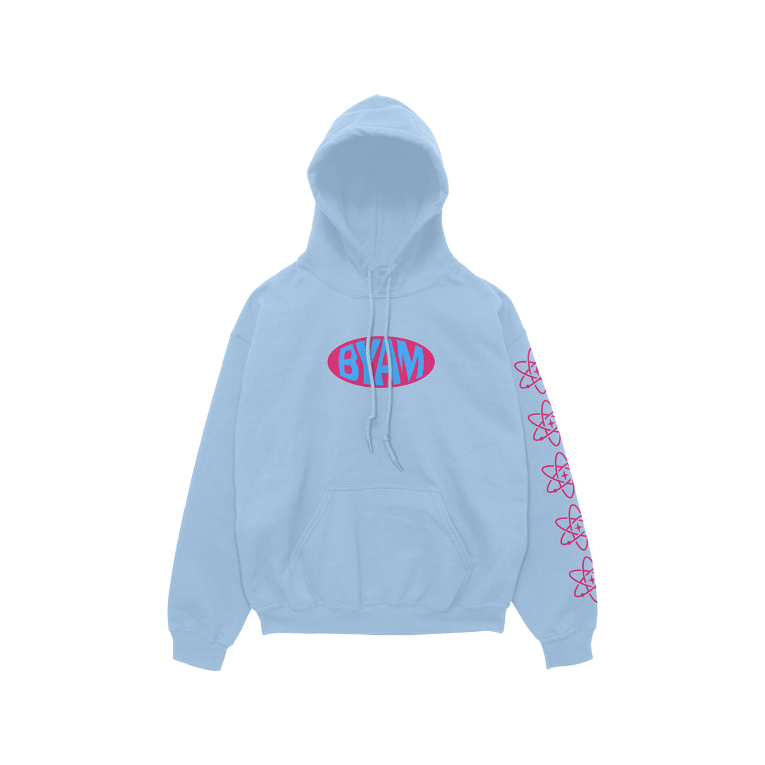 Light blue Between You And Me pullover hoodie with a pink and blue "BYAM" oval logo on the chest, repeating pink atom design on the right sleeve, front pocket, drawstrings, and exclusive design.