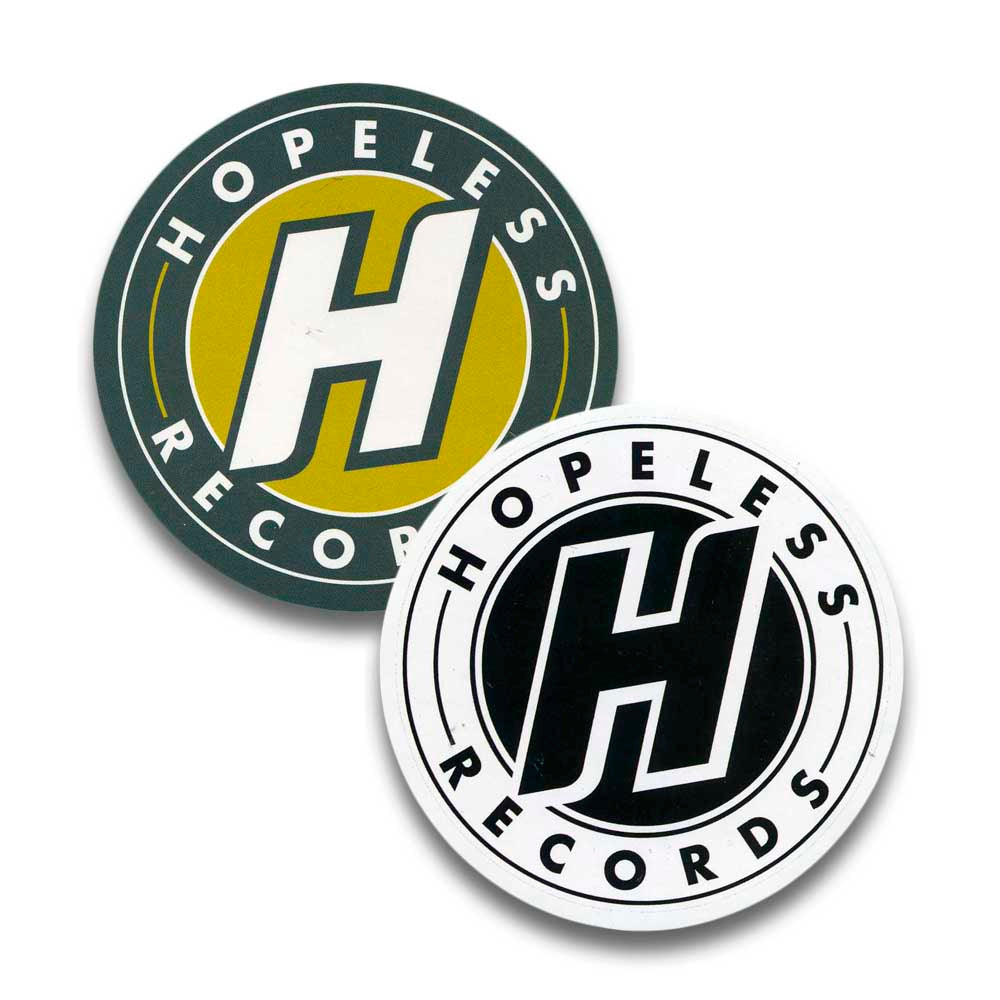 Show your love for Hopeless Records with two circular stickers featuring the bold H logo—one in green and yellow, the other in black and white—both with Hopeless Records printed around the edge.