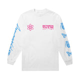 Between You And Me White Long Sleeve featuring pink BETWEEN YOU & ME text with atomic symbol on the chest, blue butterflies, grenades, and Imagination script on the sleeves for a unique Armageddon Long Sleeve style.