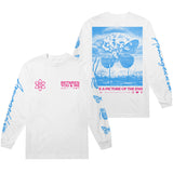 Stand out in this exclusive Between You And Me Gildan White Long Sleeve featuring blue “Armageddon” sleeve text, a pink atom on the front, and a bold melting butterfly graphic with “A Picture of the End” on the back.