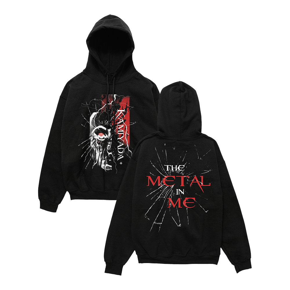 Black pullover on a white background. Front of the tee has a robot face with a red eye with text Kamiyada+. Back print says THE METAL IN ME with glass shatter effect.