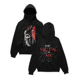 Black pullover on a white background. Front of the tee has a robot face with a red eye with text Kamiyada+. Back print says THE METAL IN ME with glass shatter effect.