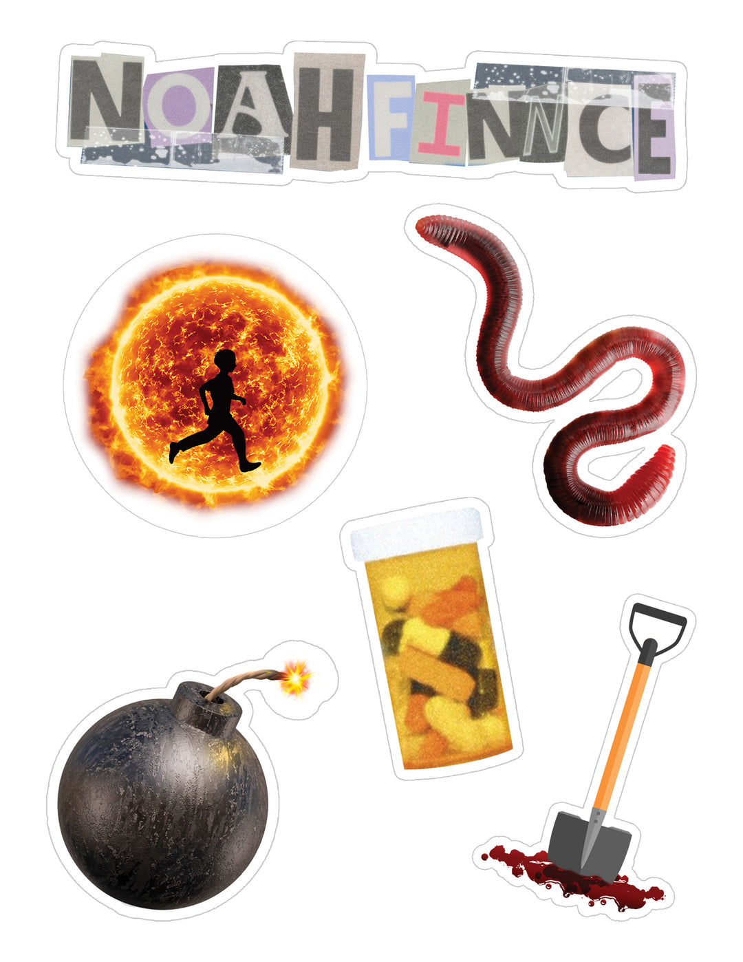 A collage of NOAHFINNCE stickers: the brand name, a runner silhouette over a fiery sun, a red worm, pill bottle with candy corn, cartoon bomb, and therapy sticker with a shovel in blood.