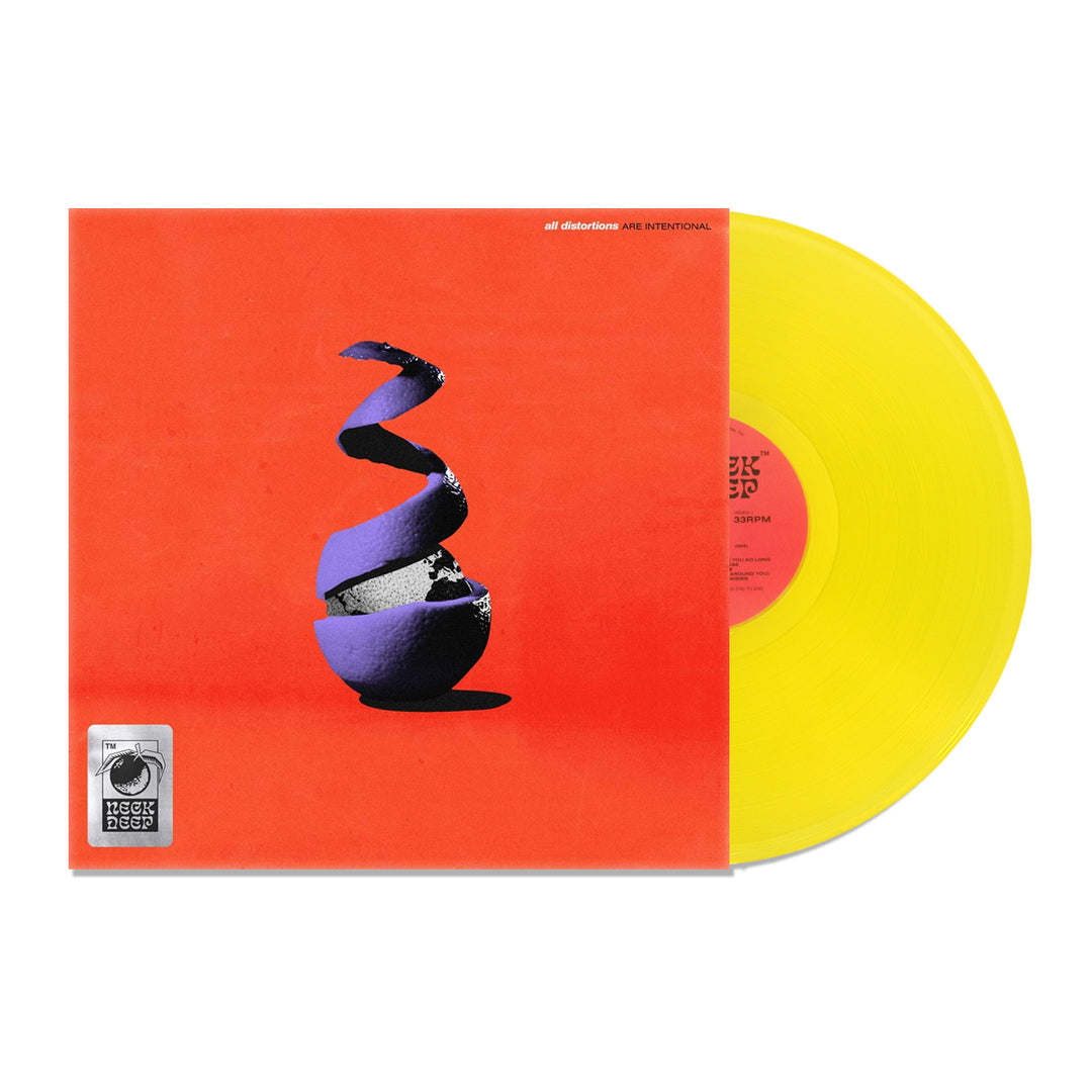Vinyl album cover for Neck Deep "All Distortions Are Intentional" on a white background. Album cover is orange and depicts a purple orange in the meddle unpeeling to show earth.  Vinyl is Transparent Yellow. 
